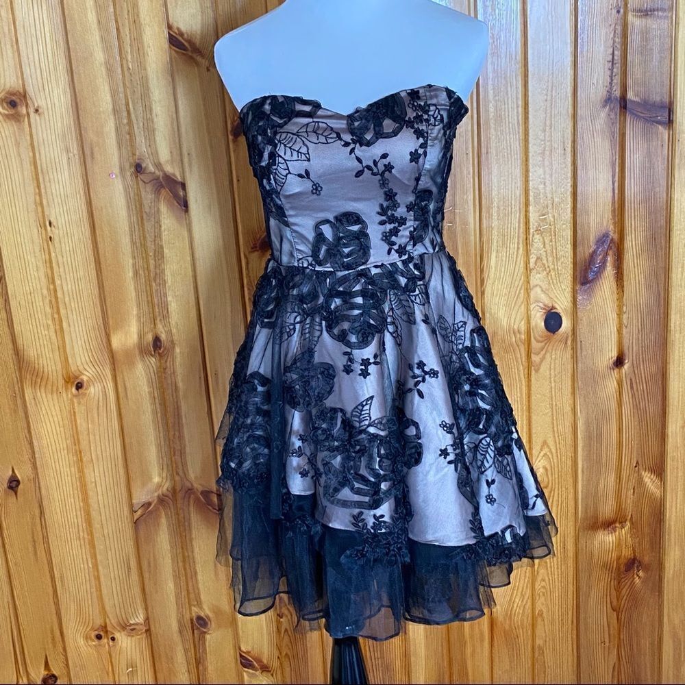 Minuet Strapless Organza And Mesh Black and Nude Colored DressSize Medium